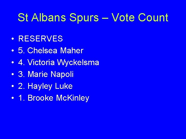 St Albans Spurs – Vote Count • • • RESERVES 5. Chelsea Maher 4.
