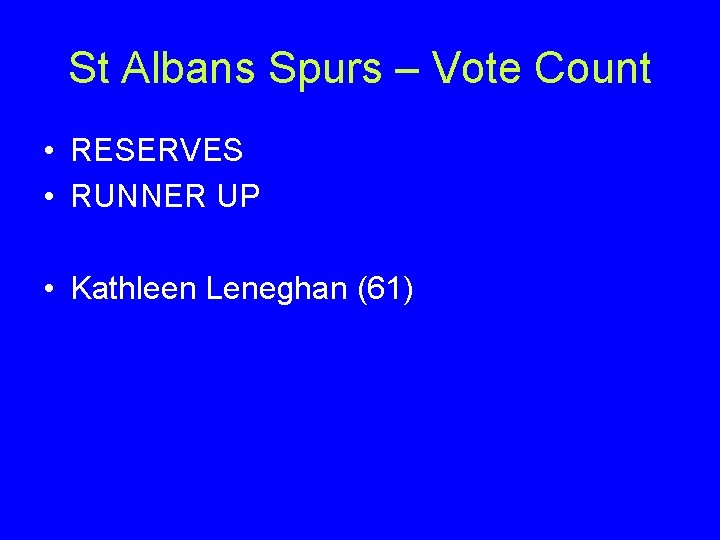 St Albans Spurs – Vote Count • RESERVES • RUNNER UP • Kathleen Leneghan