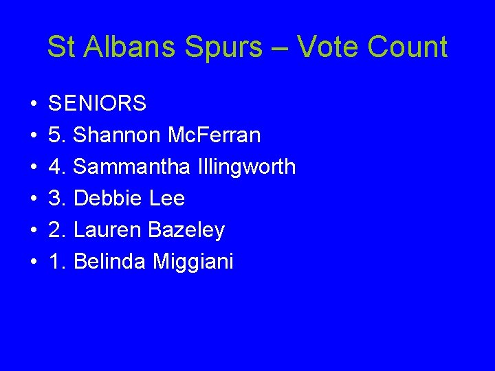 St Albans Spurs – Vote Count • • • SENIORS 5. Shannon Mc. Ferran