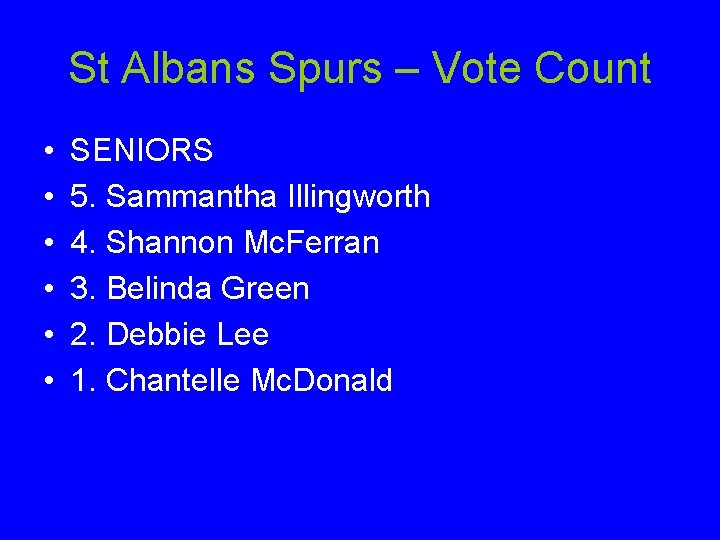 St Albans Spurs – Vote Count • • • SENIORS 5. Sammantha Illingworth 4.