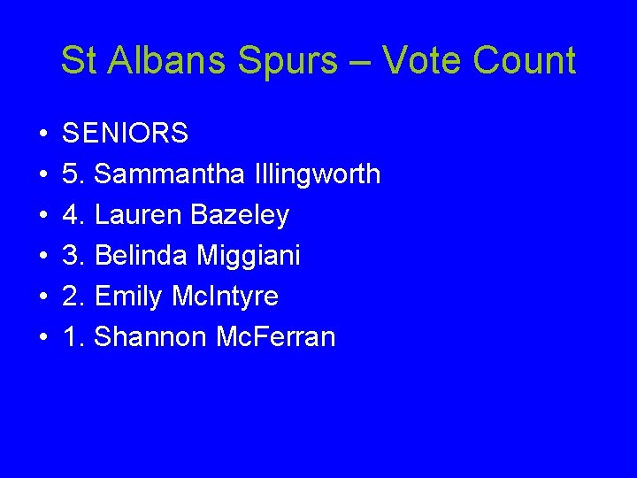 St Albans Spurs – Vote Count • • • SENIORS 5. Sammantha Illingworth 4.