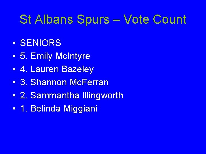 St Albans Spurs – Vote Count • • • SENIORS 5. Emily Mc. Intyre