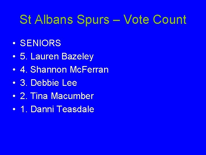 St Albans Spurs – Vote Count • • • SENIORS 5. Lauren Bazeley 4.