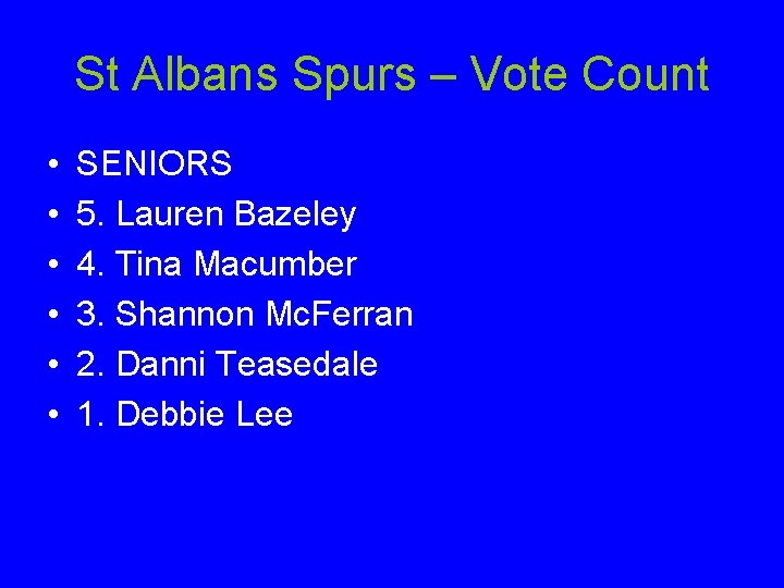 St Albans Spurs – Vote Count • • • SENIORS 5. Lauren Bazeley 4.