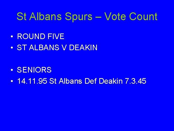 St Albans Spurs – Vote Count • ROUND FIVE • ST ALBANS V DEAKIN