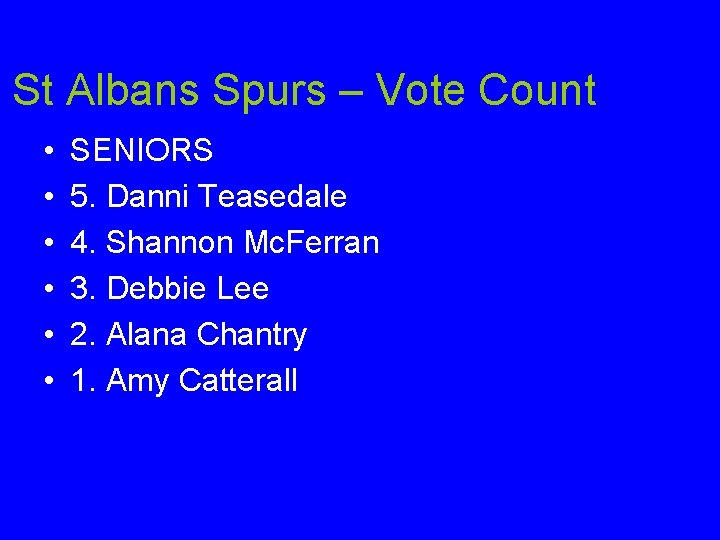 St Albans Spurs – Vote Count • • • SENIORS 5. Danni Teasedale 4.