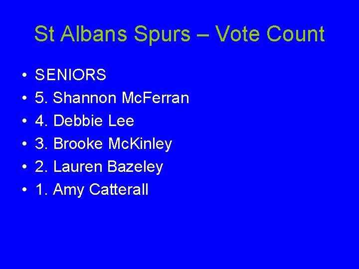 St Albans Spurs – Vote Count • • • SENIORS 5. Shannon Mc. Ferran