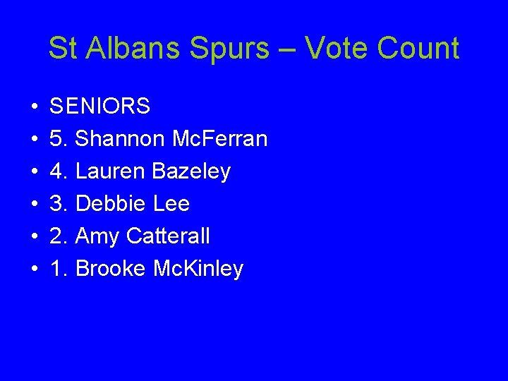 St Albans Spurs – Vote Count • • • SENIORS 5. Shannon Mc. Ferran