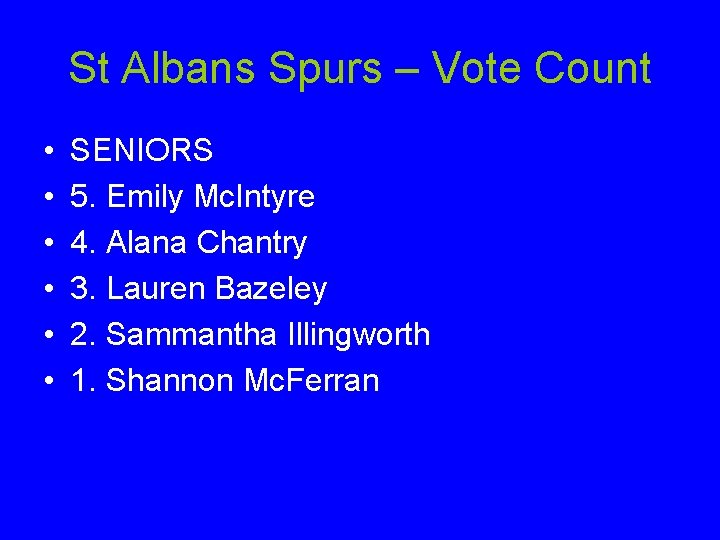 St Albans Spurs – Vote Count • • • SENIORS 5. Emily Mc. Intyre