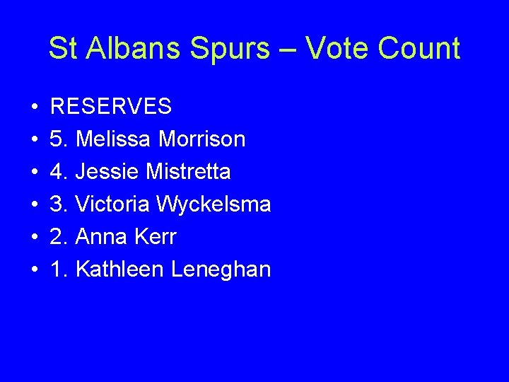 St Albans Spurs – Vote Count • • • RESERVES 5. Melissa Morrison 4.