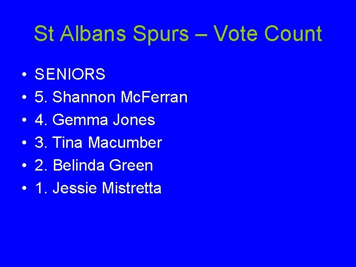 St Albans Spurs – Vote Count • • • SENIORS 5. Shannon Mc. Ferran