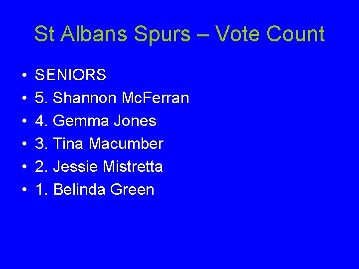 St Albans Spurs – Vote Count • • • SENIORS 5. Shannon Mc. Ferran