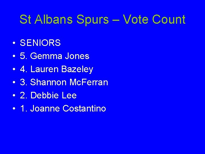 St Albans Spurs – Vote Count • • • SENIORS 5. Gemma Jones 4.