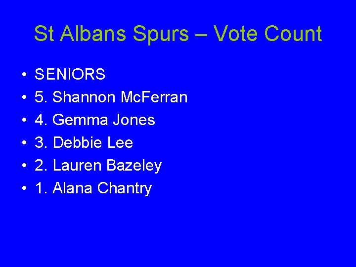 St Albans Spurs – Vote Count • • • SENIORS 5. Shannon Mc. Ferran