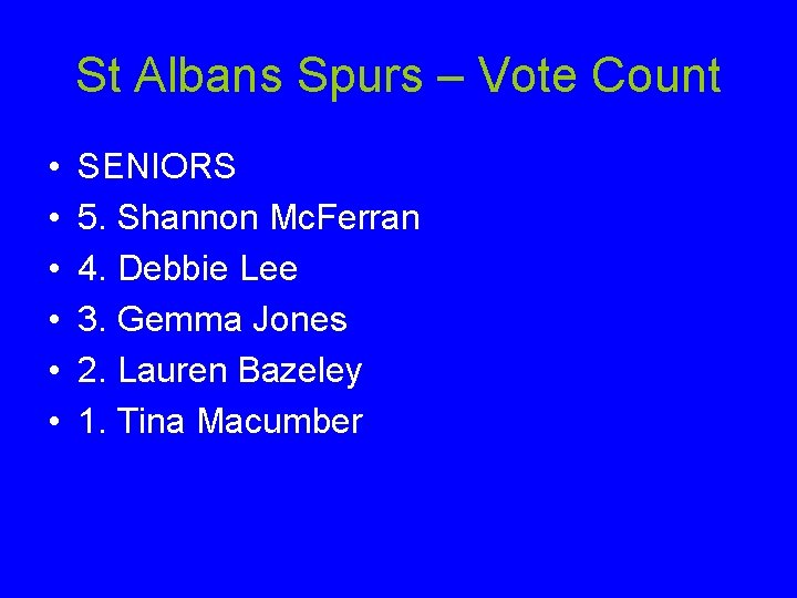 St Albans Spurs – Vote Count • • • SENIORS 5. Shannon Mc. Ferran