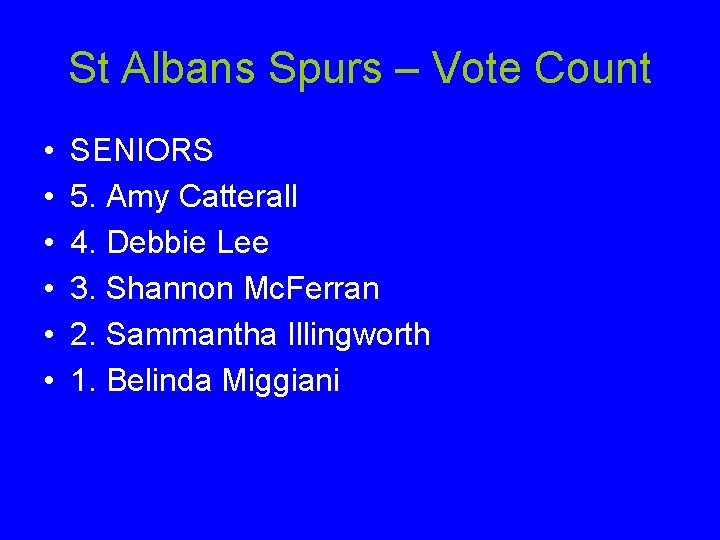 St Albans Spurs – Vote Count • • • SENIORS 5. Amy Catterall 4.