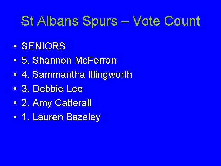 St Albans Spurs – Vote Count • • • SENIORS 5. Shannon Mc. Ferran