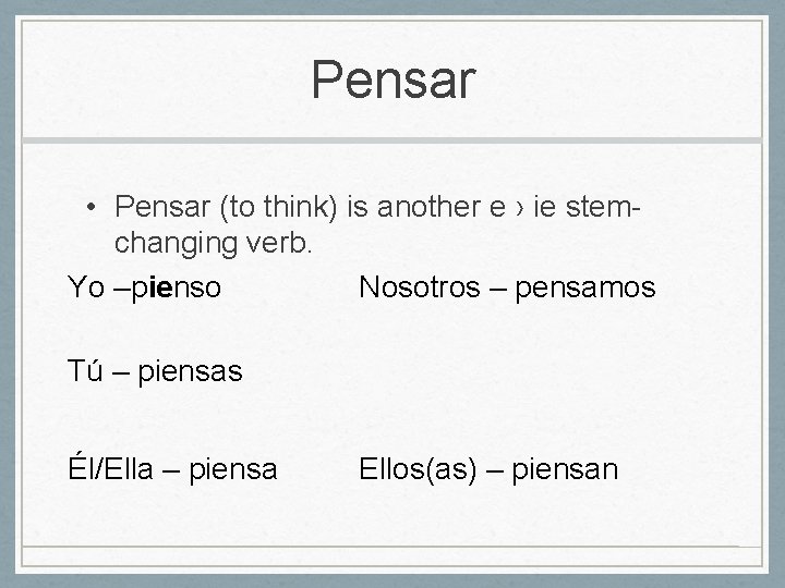 Pensar • Pensar (to think) is another e › ie stemchanging verb. Yo –pienso