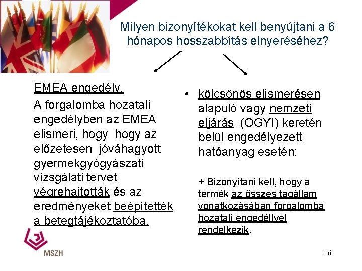 Milyen bizonyítékokat kell benyújtani a 6 hónapos hosszabbítás elnyeréséhez? EMEA engedély. • kölcsönös elismerésen