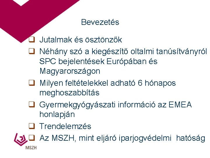 Bevezetés q Jutalmak és ösztönzők q Néhány szó a kiegészítő oltalmi tanúsítványról SPC bejelentések