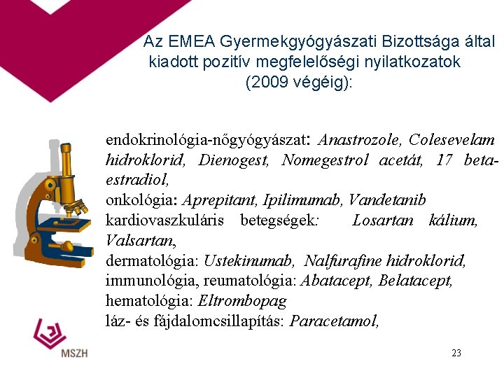 Az EMEA Gyermekgyógyászati Bizottsága által kiadott pozitív megfelelőségi nyilatkozatok (2009 végéig): endokrinológia-nőgyógyászat: Anastrozole, Colesevelam
