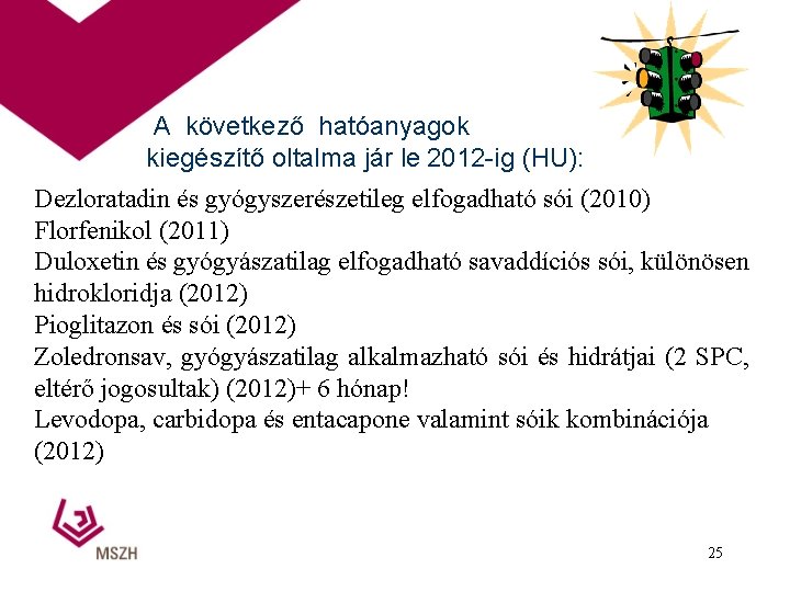 A következő hatóanyagok kiegészítő oltalma jár le 2012 -ig (HU): Dezloratadin és gyógyszerészetileg elfogadható