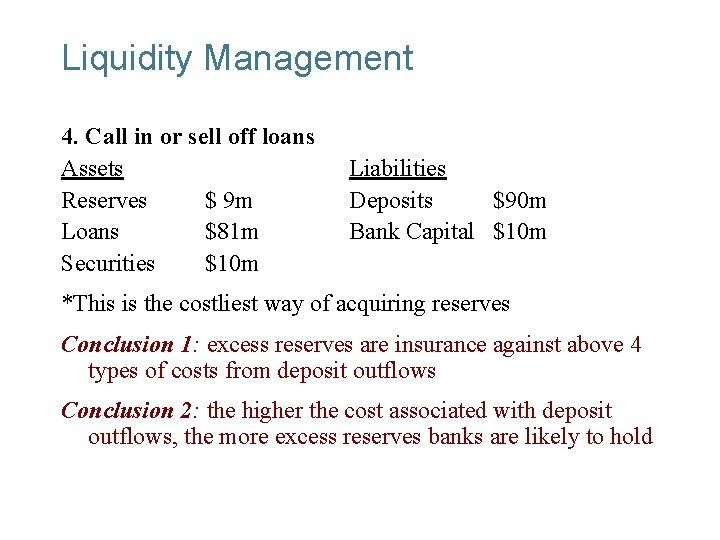 Liquidity Management 4. Call in or sell off loans Assets Reserves $ 9 m