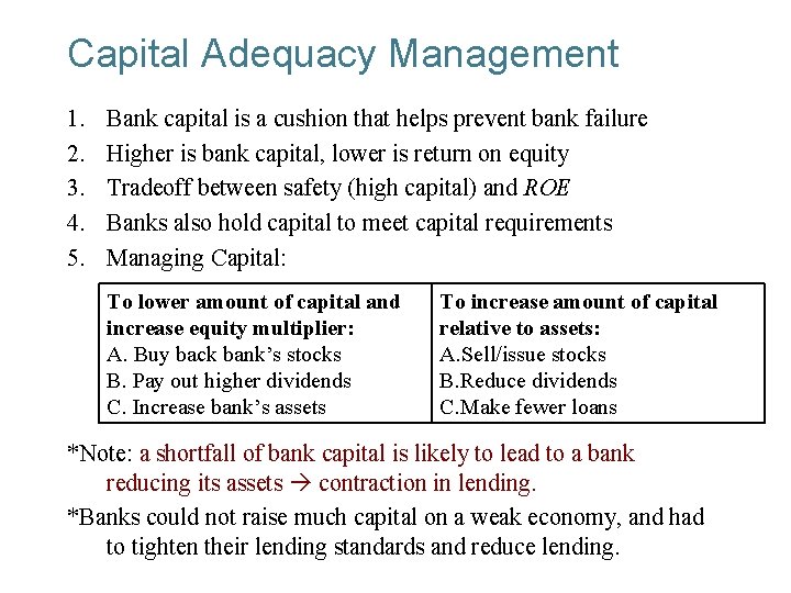 Capital Adequacy Management 1. 2. 3. 4. 5. Bank capital is a cushion that