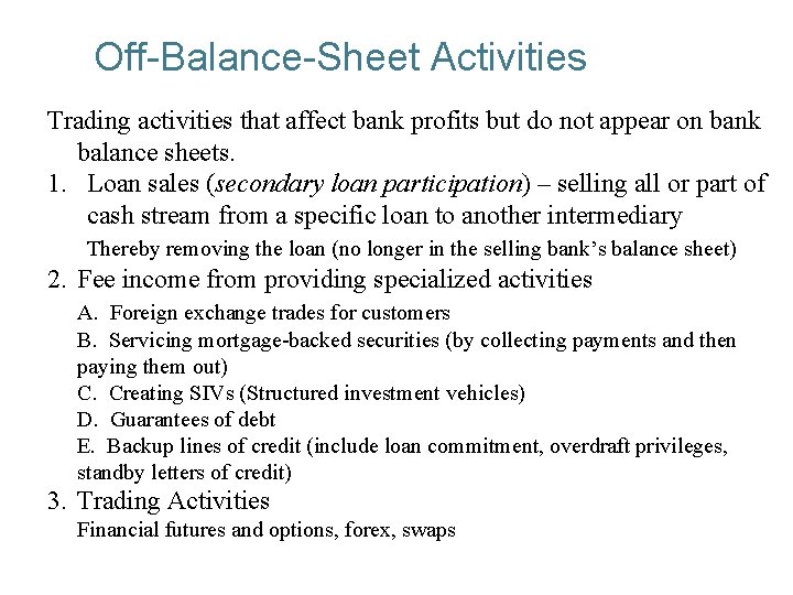 Off-Balance-Sheet Activities Trading activities that affect bank profits but do not appear on bank