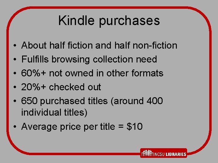 Kindle purchases • • • About half fiction and half non-fiction Fulfills browsing collection