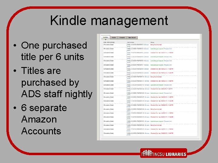 Kindle management • One purchased title per 6 units • Titles are purchased by