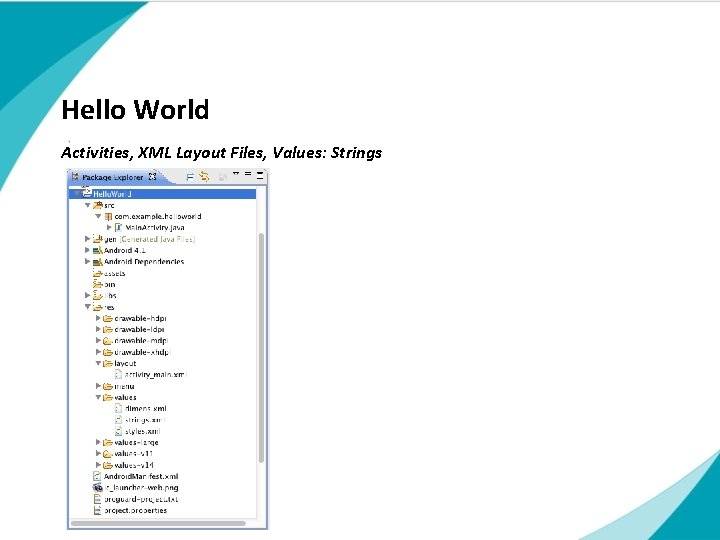 Hello World Activities, XML Layout Files, Values: Strings Subtitle touch | Title of presentation Hello World Activities, XML Layout Files, Values: Strings Subtitle touch | Title of presentation