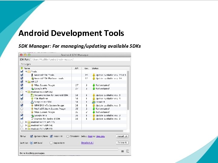 Android Development Tools SDK Manager: For managing/updating available SDKs Subtitle touch | Title of Android Development Tools SDK Manager: For managing/updating available SDKs Subtitle touch | Title of