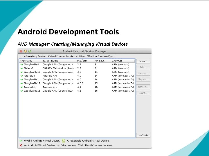 Android Development Tools AVD Manager: Creating/Managing Virtual Devices Subtitle touch | Title of presentation Android Development Tools AVD Manager: Creating/Managing Virtual Devices Subtitle touch | Title of presentation
