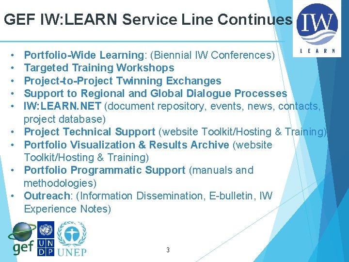 GEF IW: LEARN Service Line Continues • • • Portfolio-Wide Learning: (Biennial IW Conferences)