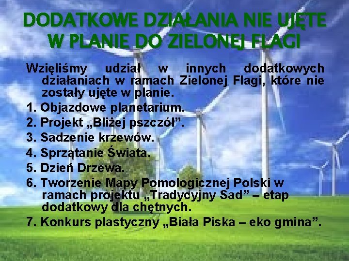 DODATKOWE DZIAŁANIA NIE UJĘTE W PLANIE DO ZIELONEJ FLAGI Wzięliśmy udział w innych dodatkowych