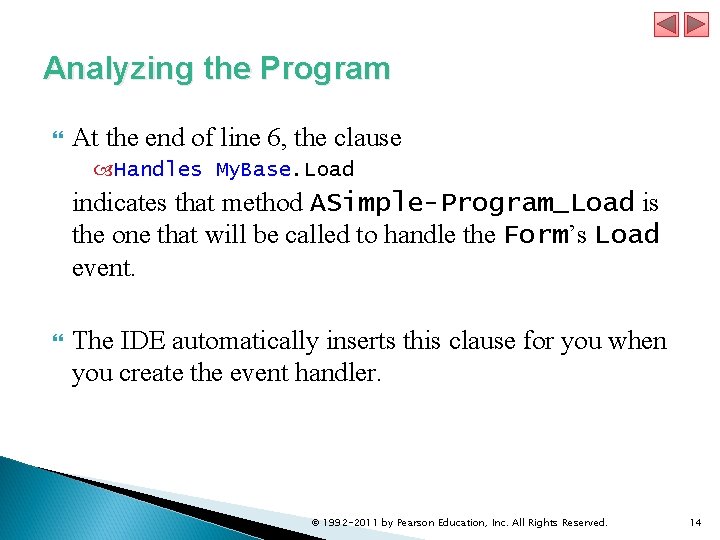 Analyzing the Program At the end of line 6, the clause Handles My. Base. Analyzing the Program At the end of line 6, the clause Handles My. Base.