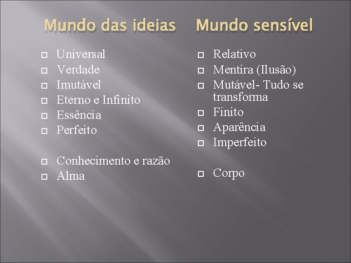 Mundo das ideias Universal Verdade Imutável Eterno e Infinito Essência Perfeito Conhecimento e razão