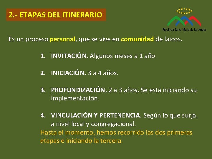 2. - ETAPAS DEL ITINERARIO Es un proceso personal, que se vive en comunidad 2. - ETAPAS DEL ITINERARIO Es un proceso personal, que se vive en comunidad