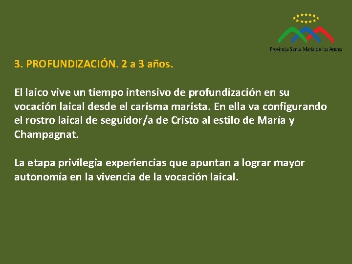 3. PROFUNDIZACIÓN. 2 a 3 años. El laico vive un tiempo intensivo de profundización 3. PROFUNDIZACIÓN. 2 a 3 años. El laico vive un tiempo intensivo de profundización