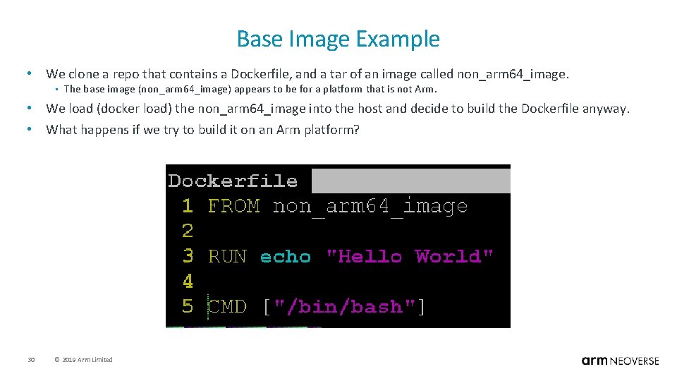 Base Image Example • We clone a repo that contains a Dockerfile, and a