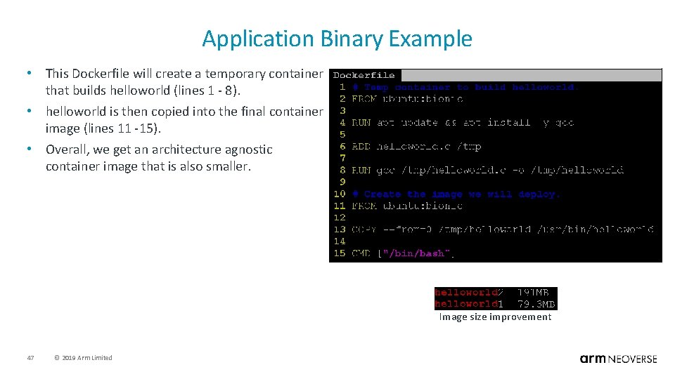 Application Binary Example • This Dockerfile will create a temporary container that builds helloworld