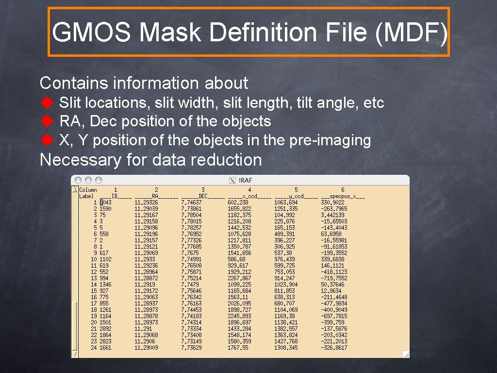 GMOS Mask Definition File (MDF) Contains information about u Slit locations, slit width, slit