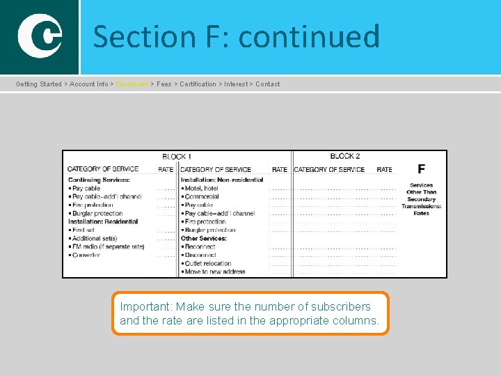 Section F: continued Getting Started > Account Info > Revenues > Fees > Certification