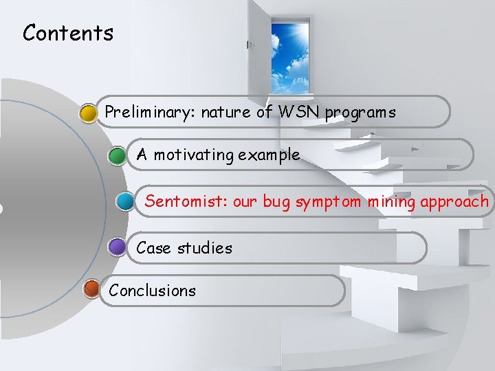Contents Preliminary: nature of WSN programs A motivating example Sentomist: our bug symptom mining