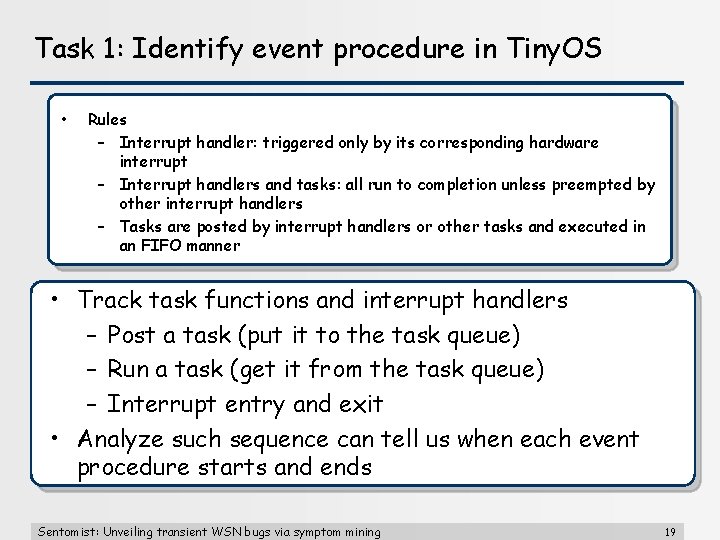 Task 1: Identify event procedure in Tiny. OS • Rules – Interrupt handler: triggered