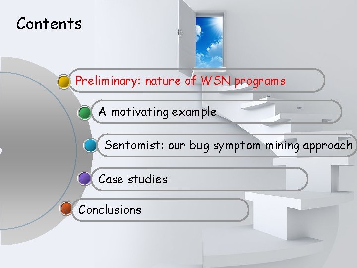 Contents Preliminary: nature of WSN programs A motivating example Sentomist: our bug symptom mining