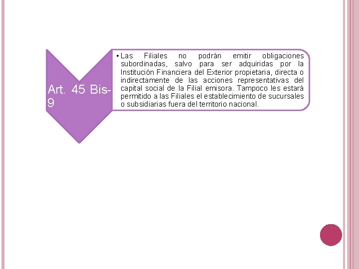 Art. 45 Bis 9 • Las Filiales no podrán emitir obligaciones subordinadas, salvo para