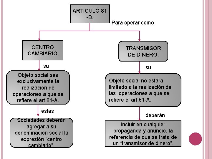 ARTICULO 81 -B. CENTRO CAMBIARIO su Objeto social sea exclusivamente la realización de operaciones