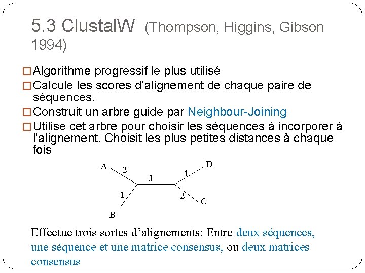 5. 3 Clustal. W (Thompson, Higgins, Gibson 1994) � Algorithme progressif le plus utilisé